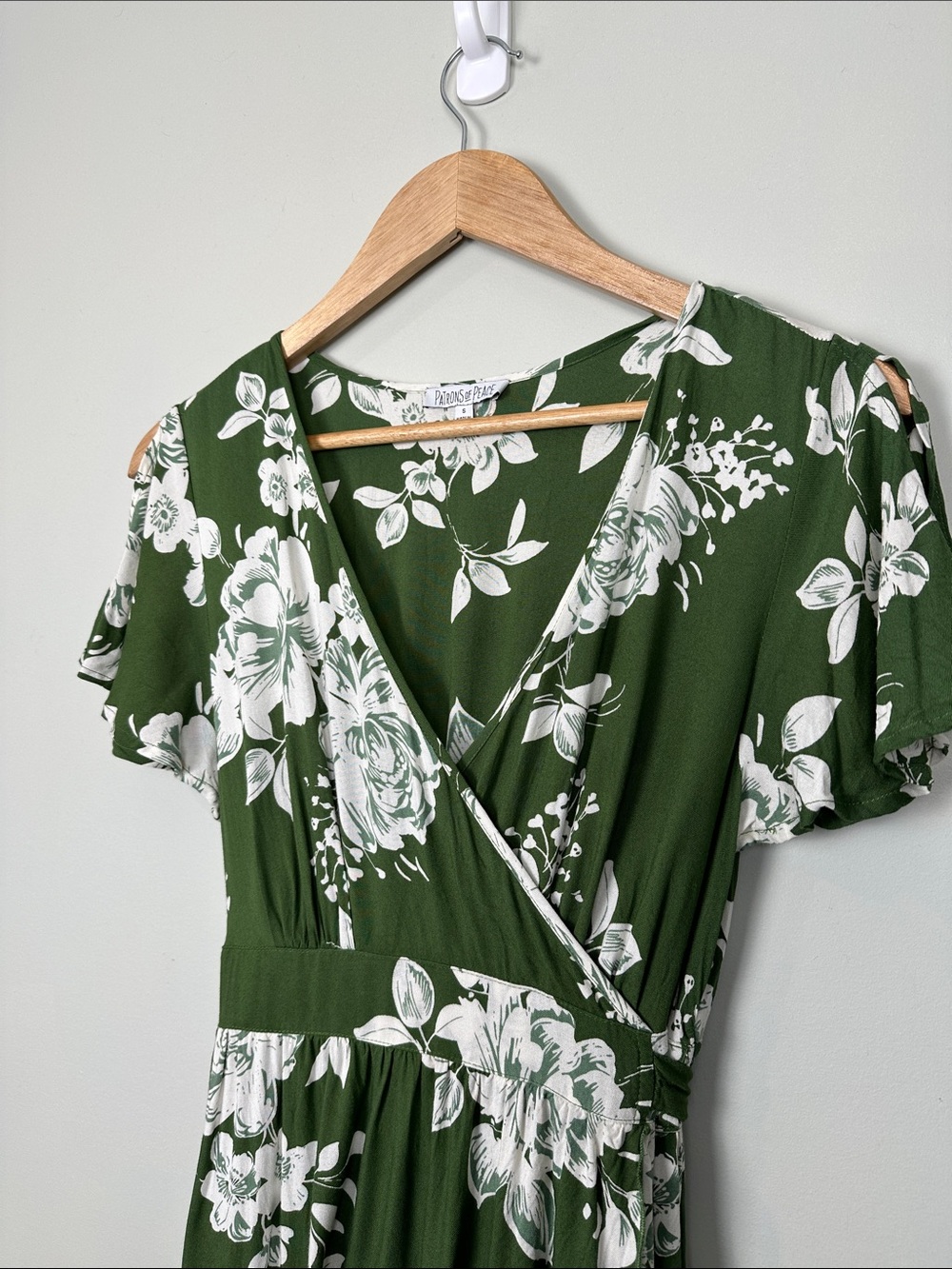 Patrons of Peace Olive Green White Floral faux Wrap Maxi Dress boho Cottagecore - Picture 4 of 11